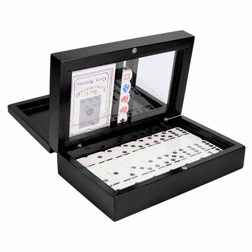 JM 075 N – Set de Juego Hofuf (Negro / madera de tilo estuche / plastico fichas y dados)