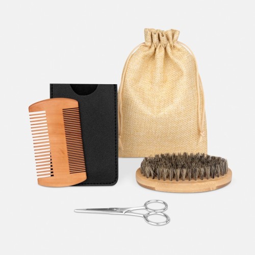 Accesorios para Viaje Set de Cuidado para Barba Mivor KIT 056 BE Beige (KIT056BE – poliester / nylon / bambu / madera / metal / pu – articulo promocional)